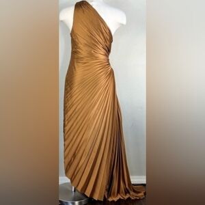 Petal & Pup Mustard One-Shoulder Pleated Dress